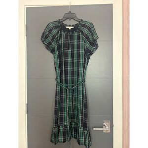 Loft Plus Womens Green Navy Plaid Ruffle Neck Belted Midi Dress Size 18 519498